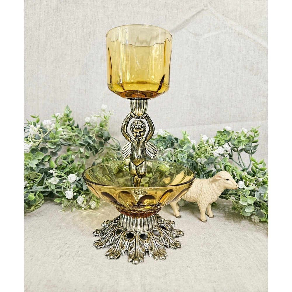 1970's Hollywood Regency Cherub Angel Candle Holder Amber Glass